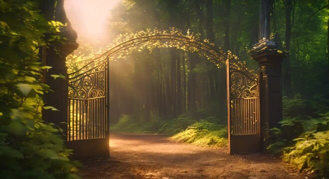 Enchanting glowing gate nestled in the forest leading to a magical realm Seamless looping time lapse virtual video animation background 4k animation