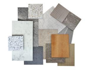 group on interior construction material samples including marble stone, wooden veneer, fabric swatch, cement and graphic tiles, terrazo, vinyl flooring tile isolated on background with clipping path. 