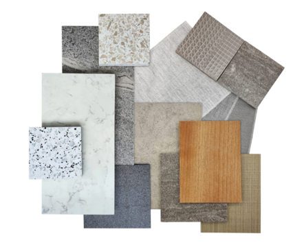 group on interior construction material samples including marble stone, wooden veneer, fabric swatch, cement and graphic tiles, terrazo, vinyl flooring tile isolated on background with clipping path. 