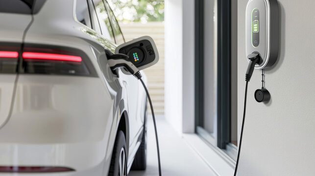 voiture électrique branchée à une borne en train de recharger à domicile