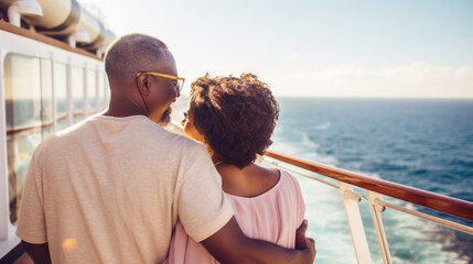 Mature african american couple on cruise ship enjoying the ocean view, copy space