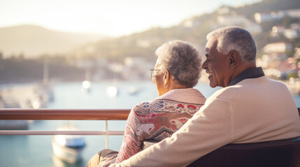 Mature african american couple on cruise ship enjoying the ocean view, copy space