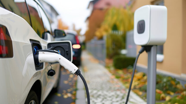 voiture électrique branchée à une borne en train de recharger à domicile