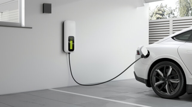 voiture électrique branchée à une borne en train de recharger à domicile