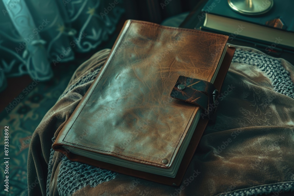 Poster a leather bound book with a leather binding sits on a blanket. the book is open to a page with a key