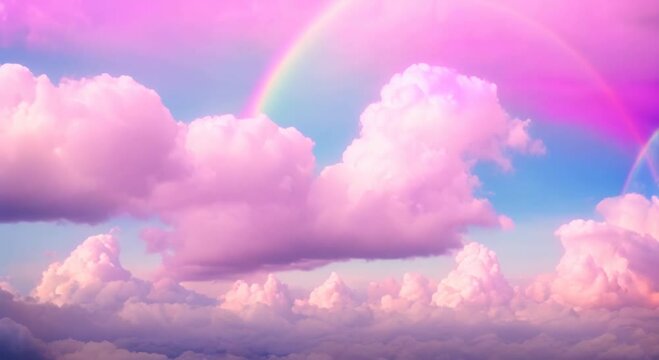 Pastel clouds with beautiful rainbow Holographic fantasy rainbow unicorn background with clouds Pastel color sky Magical landscape abstract fabulous pattern Cute candy fantasy in the sky 4k animation