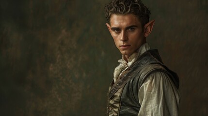 Obraz premium In front of a wall stands a youthful individual with pointed ears typical of an elf