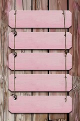5 light pink wooden slats on the wall, 5 blank horizontal signs hanging side by side in the style of side. The background is a textured wood paneling surface.