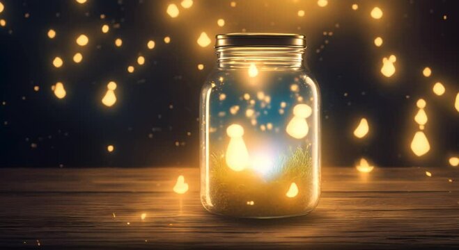 Sparkling fireflies in jar Glowing bug firefly butterfly coming out of a jar in a night isolated on a natural background Magic night imagination Magical nature concept Artistic design raster illu 4k a