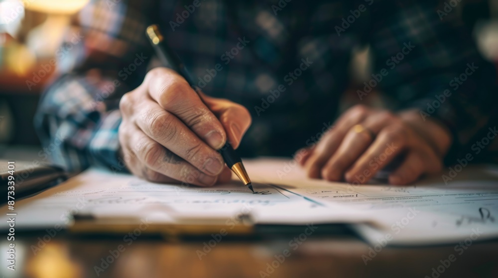 Poster hands writing notes on printed reports,
