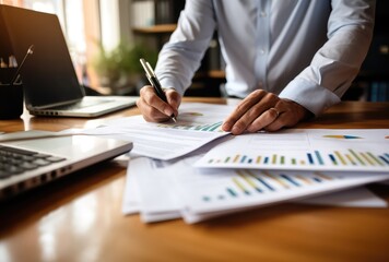 Obraz premium Businessman analyzing investment charts with laptop computer. Accounting, budget planning and business analysis concept.