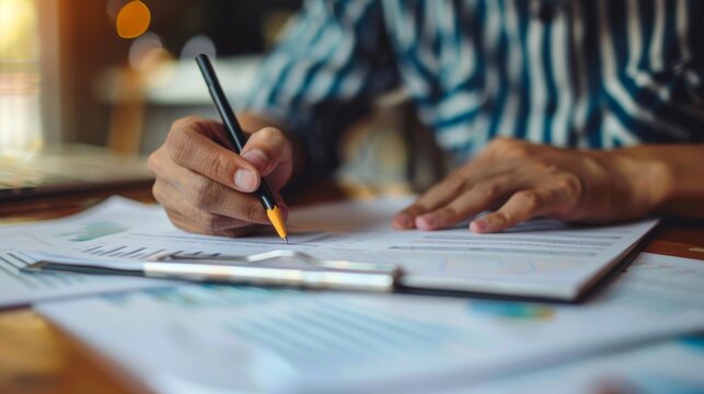 Hands writing notes on printed reports,