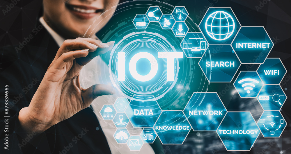 Poster internet of things and communication technology concept - modern graphic interface showing smart inf