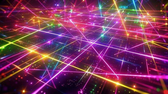 An abstract digital art piece featuring a matrix of neon grids and laser beams crossing in a chaotic, colorful pattern against a dark background.