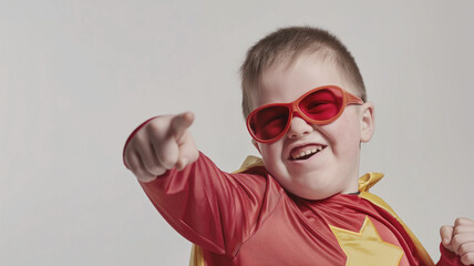 Boy with Down syndrome wearing superhero costume and red sunglasses pointing forward. His joyful expression and dynamic pose create a playful and empowering atmosphere