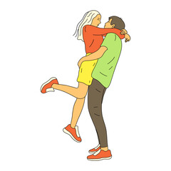 Happy couple in love. Guy hugs girl and lifts her up. Human relationship, sincere feelings. Colorful vector isolated illustration hand drawn
