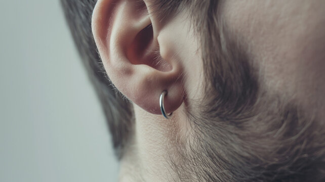 Close-up of a man's ear with a small silver hoop earring. Light brown beard and hair create a casual and modern appearance - Powered by Adobe