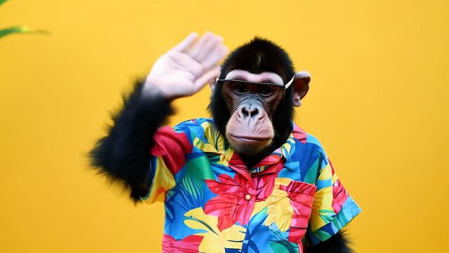 Chimpanzee Waving in Hawaiian Shirt Generative AI