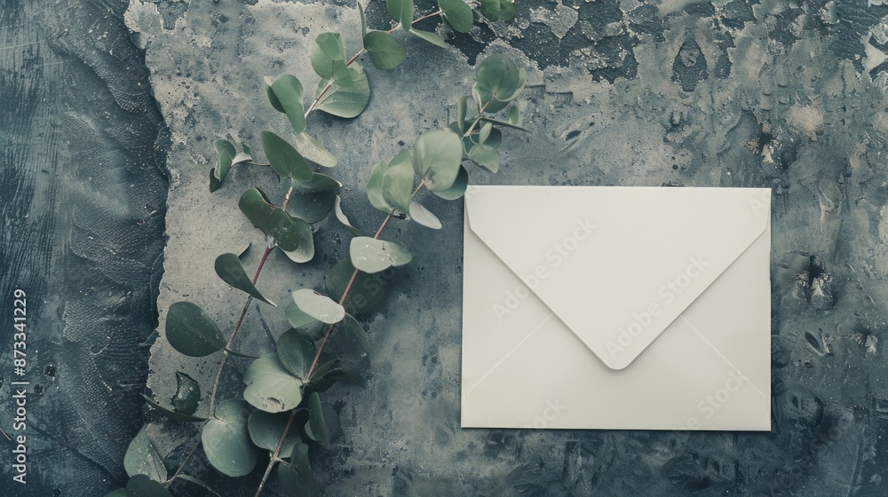 Poster a white envelope sits on a grey surface with a green leaf next to it. concept of calm and serenity, 