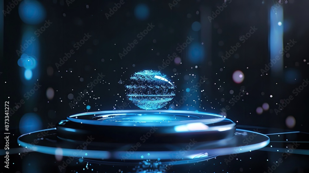 Poster futuristic holographic interface with glowing blue sphere and abstract digital elements, representin