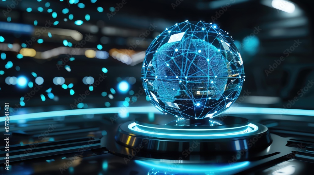 Poster futuristic digital sphere with interconnected nodes in cyber space, illustrating advanced technology