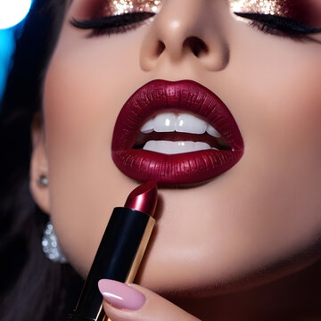 Close-up cara de mujer con sombra de ojos dorada y labios pintados de rojo sujetando un pintalabios 