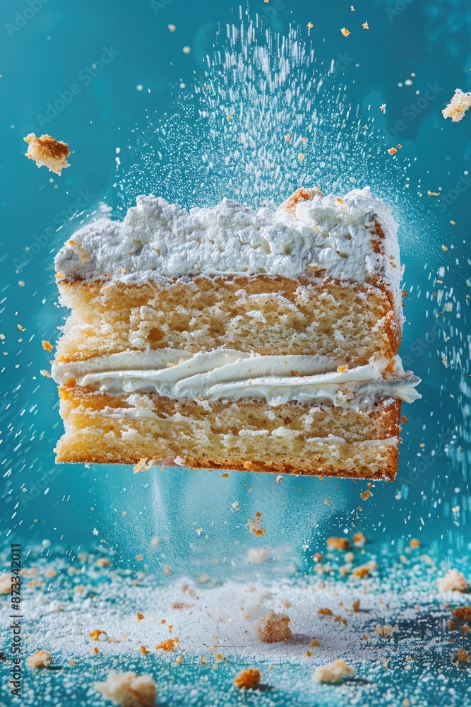 Poster a slice of cake with a white frosting and powdered sugar on top. the cake is cut in half and the fro