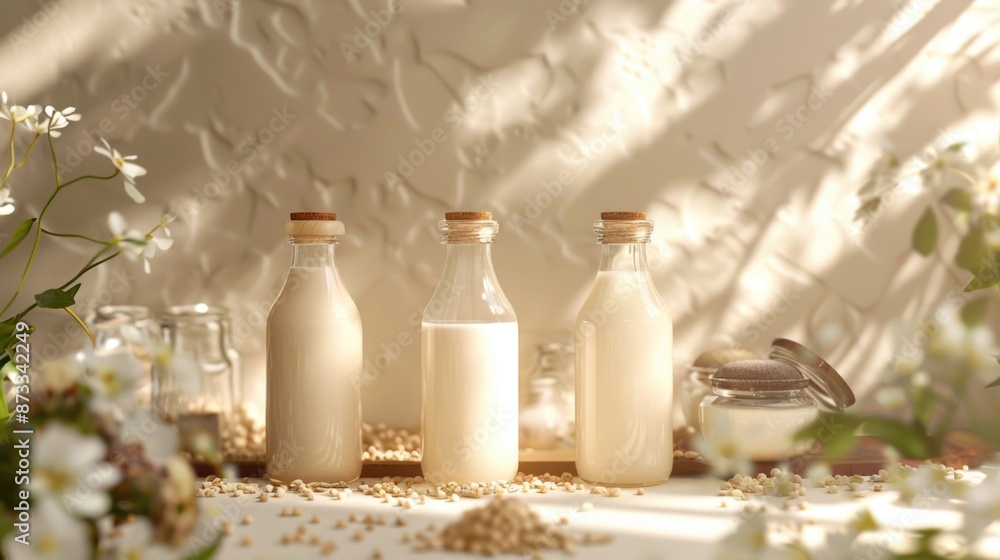 Poster three bottles of milk are on a table with a jar of peanut butter and a bowl of nuts