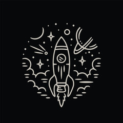 rockets in space with a modern, fun, and childish line art style, can also be applied to tattoo designs