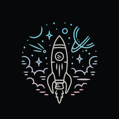 rockets in space with a modern, fun, and childish line art style, can also be applied to tattoo designs