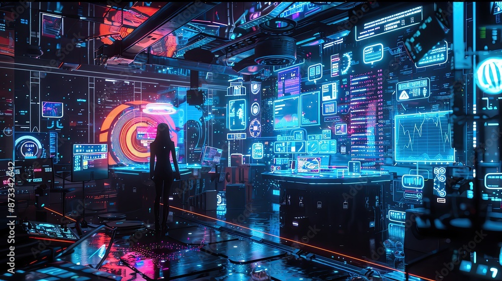 Poster futuristic digital control room with neon lights and holographic screens showcasing advanced technol
