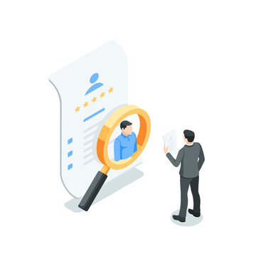 isometric vector business man studying a job candidate's application form, in color on a white background, recruiting or employee search