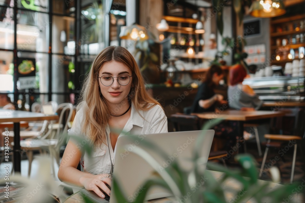 Wall mural A young woman with glasses works on a laptop in a trendy cafe. The cozy interior features warm lighting and plant decor.