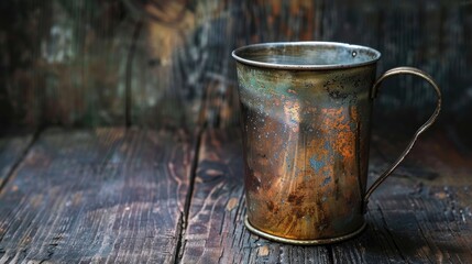 Vintage metal cup holding 1000 grams on wood surface