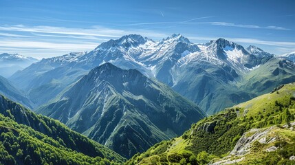 Fototapeta premium A majestic mountain range with snow-capped peaks and lush green valleys, under a clear, blue sky.