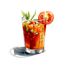 Watercolor illustration of gazpacho, vegetable juice and salsa sauce on white background