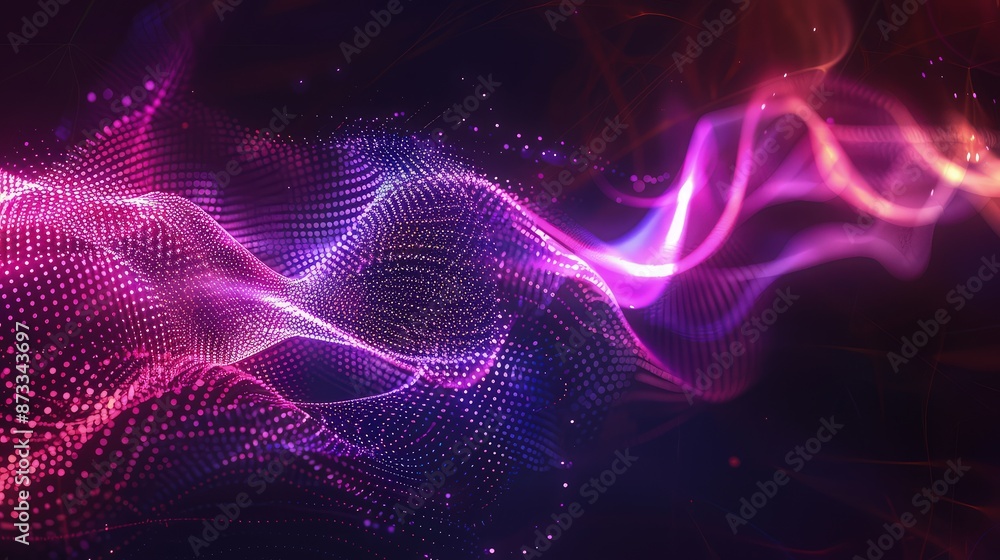 Poster an abstract pattern of oscillating purple and pink light waves on a dark background, suggesting the 