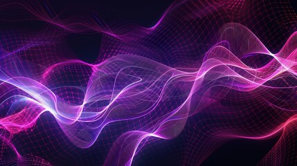 Fototapeta premium An abstract pattern of oscillating purple and pink light waves on a dark background, suggesting the movement of electromagnetic fields in technology.