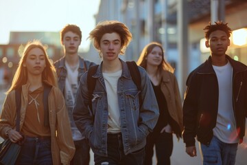 A diverse group of five young adults walking confidently together at sunset, with urban buildings in the background.