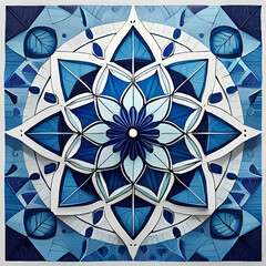 An eight-pointed star in shades of blue and white radiates outwards with intricate patterns