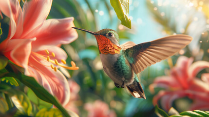 Fototapeta premium A colorful hummingbird hovering near lilies, with its wings spread wide and eyes focused on the flowers