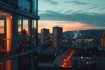 City skyline at sunset, viewed from high-rise apartment. Warm glow from windows contrasts with cool evening sky. Lights twinkle across urban landscape.