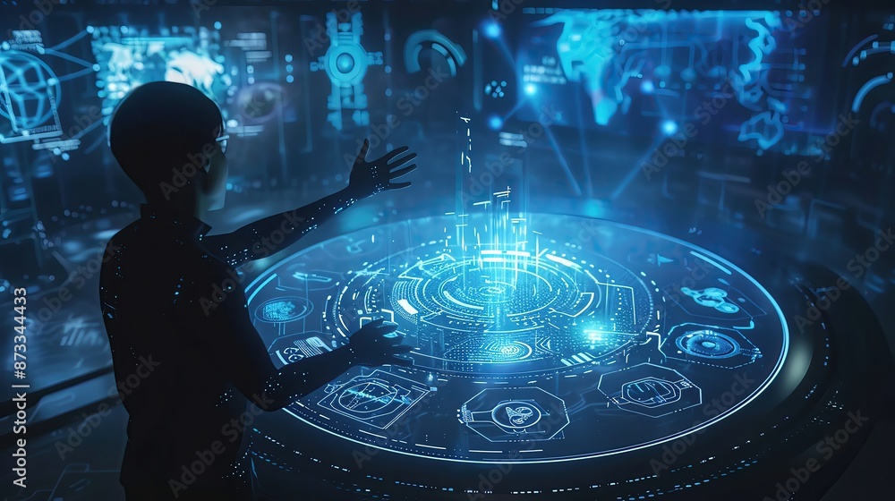 Poster person interacting with futuristic holographic interface, surrounded by digital data and technology,
