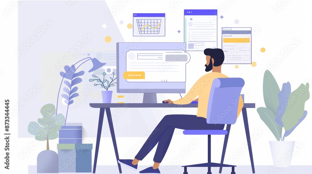 Poster Focused developer creating e-commerce app using AI and big data analytics, office setting