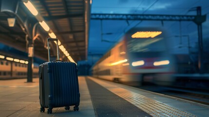Fototapeta premium Twilight Commute: Lone Suitcase on a Bustling Train Platform