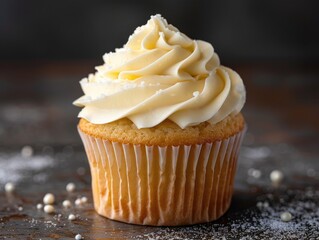 A cupcake with a white frosting and a white swirl on top. The frosting is light and fluffy, and the cupcake is sitting on a table