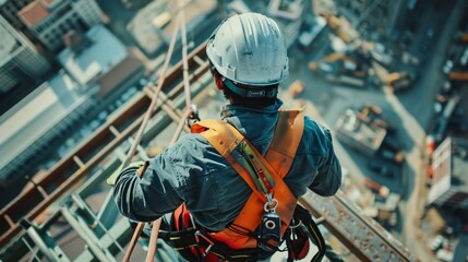 A construction worker wearing a safety harness and safety line while working at a high place