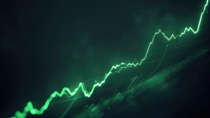 An abstract representation of a stock market surge, with a graph line climbing a steep hill, crafted from green light against a dark canvas.