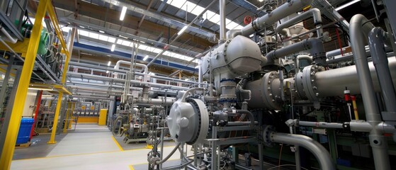 Modern industrial factory interior with complex machinery and equipment, showcasing advanced manufacturing technology and engineering.