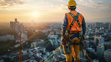 A construction worker wearing a safety harness and safety line while working at a high place